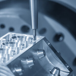 Custom Parts Machining, Close Up Scene The 5-axis Machining Center Cutting The V8 Engine